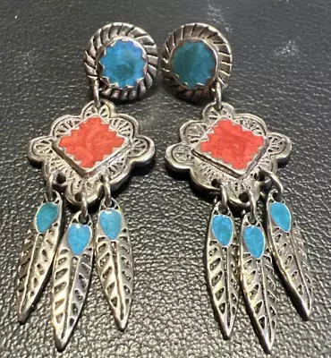Vintage EDGAR BEREBI Southwestern Feather Silver Tone Blue Dangle Drop Earrings • $25.95
