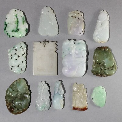 $53 • Buy 13Pc Vintage Chinese Carved Jadeite Jade Pendants Group Lot #17