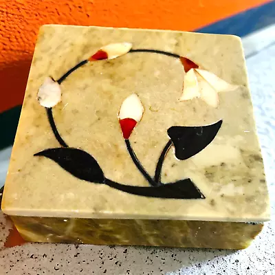 Vintage Hand Carved Stone Trinket Box Mother Of Pearl Inlay Floral Square India • $12.50