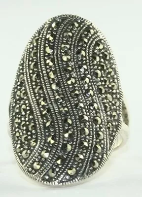 VINTAGE TALL 1980'S ART DECO STERLING SILVER MARCASITE RING  Size 8 • $100