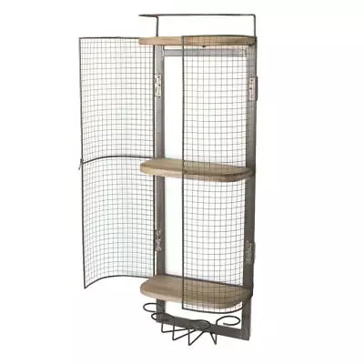 Industrial Chic Mesh Metal Liquor Bar Wall Cabinet Three Wood Shelf Double Door • $97.95