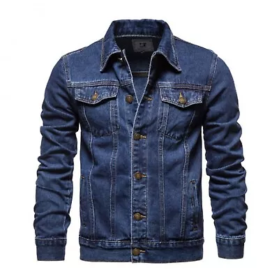 Mens Denim Jacket Lapel Neck Trucker Jackets Men Business Long Sleeve Coat • $51.99