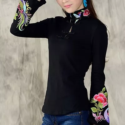 Chinese Retro Embroidery Shirt Women Mandarin Collar Flare Sleeve Blouse New • $20.99