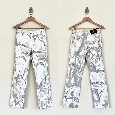 Vtg VERSACE Jeans Couture Metallic Silver Chrome Foil White Straight Pants Sz 28 • $329