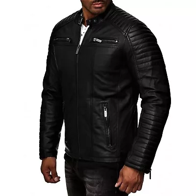 Men's Black Leather Jacket Cafe Racer Motorcycle Biker Genuine Sheep Leather • $109.99