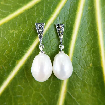 Sterling Silver Pearl & Marcasite Drop Earrings Women's Ladies Dangle • £20
