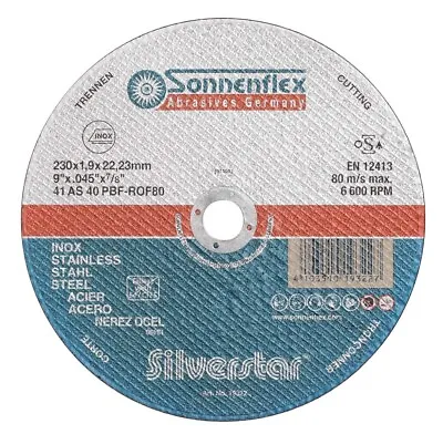 230mm/9” Metal Cutting Discs 22mm Centre Angle Grinder Sonnenflex Pack Of 10 • £11.50