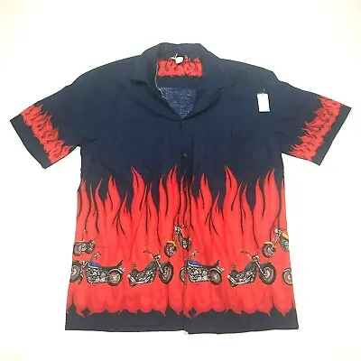 £47.29 • Buy Aloha Republic Hawaiian Button Down Shirt Mens L Red Blue Flames Motorcycles