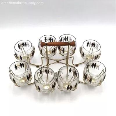 Clear Mid-Century Modern Roly Poly Whiskey Glass Set Of 8 With Caddy • $13.50