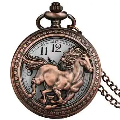 Vintage Rose Golden Hollow Zodiac Horse Quartz Movement Chain Pocket Watch Trend • $25.98