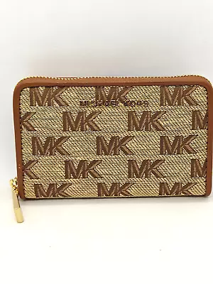 MICHAEL KORS Jet Set Logo Jacquard Card Holder Card Case Small Zip Wallet -BROWN • $40