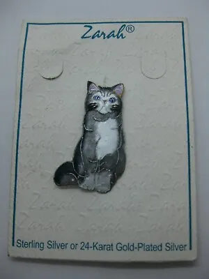 Vintage Zarah Gray & White Enamel Kitty Cat Sterling Brooch Pin • $37.88