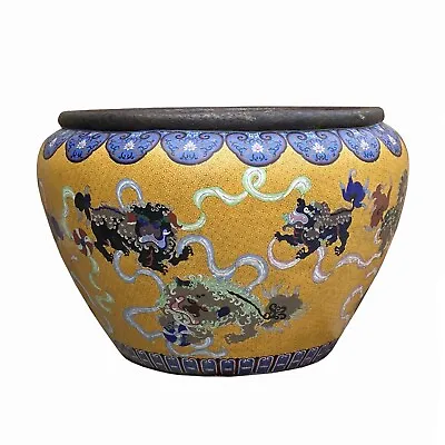 Vintage Chinese Large Yellow Foo Dog Metal Cloisonne Enamel Pot Cs7771 • $14300