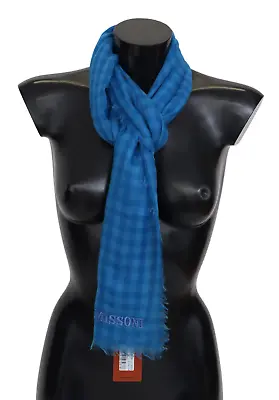 Missoni Blue Checkered Cashmere Unisex Wrap Fringes Scarf • $283.86