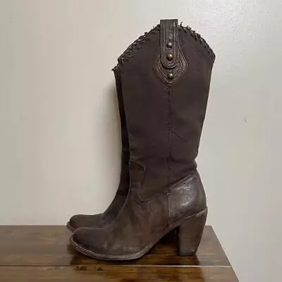 Brown Leather And Brown Canvas Western Heeled Cowboy Boots Cb89 • £62