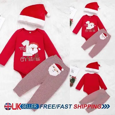 Newborn Baby Boys Christmas Outfit Set Santa Romper Pants Hat Suit Clothing • £4.49