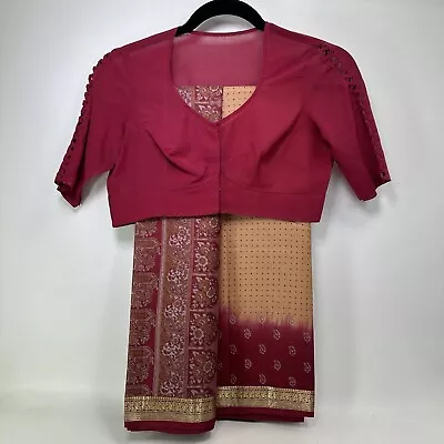 Vtg Indian Saree Choli Dress Top Set Ruby Red Floral Gold Fiber Pallu Edge • $39.95