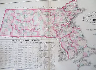 Massachusetts Railroads & Townships Boston Cape Cod 1871 Walling & Gray Map • $44