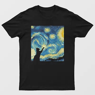 Starry Night Style Cat  T-shirt  Van Gogh Style T-shirt Parody Funny Tee • $21.85