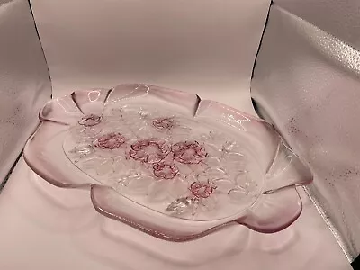 Mikasa Crystal Glass Oval Serving Platter Rosella 16  Clear Pink Frosted Flowers • $18