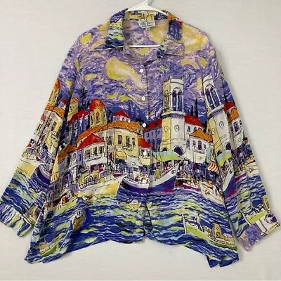 Vintage Michael Leu 100% Silk Art To Wear City Scene Button Down 3X • $38