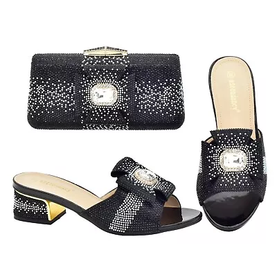 Rhinestones Black Italian Shoes And Bags With Matching Bag Lady Mid 5 CM Sandals • $110.82