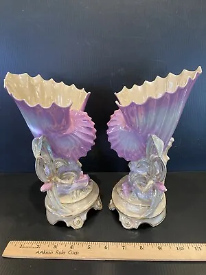 Gillet & Brianchon Vieux Paris Fr Iridescent Pearlware Nautilus Vases (2) - 1857 • $895