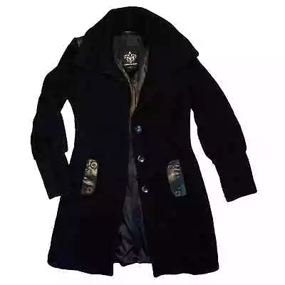 Mackage Women’s Sz S Black Wool Tweed Leather Button Front Shawl Collar Coat • $87.95