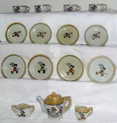 DISNEY1930's17PIECE MICKEY MOUSE CHINA TEA SET -ART DECO HANDLES-OVAL SUGAR BOWL • $149.99