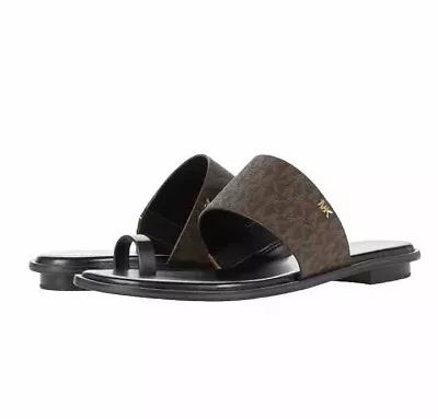 Women MK Michael Kors August Toe Ring Slide Sandals Mini MK Logo Brown/Black • $64.99
