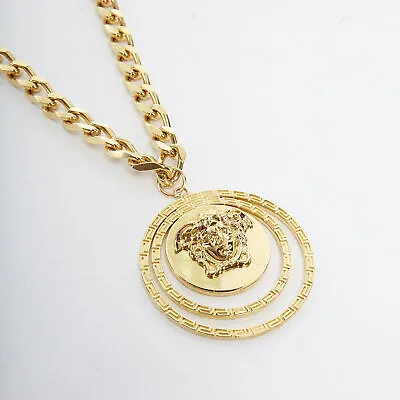VERSACE Gold Tone Nickel Medusa Halo Medallion Coin Chunky Long Necklace • $528