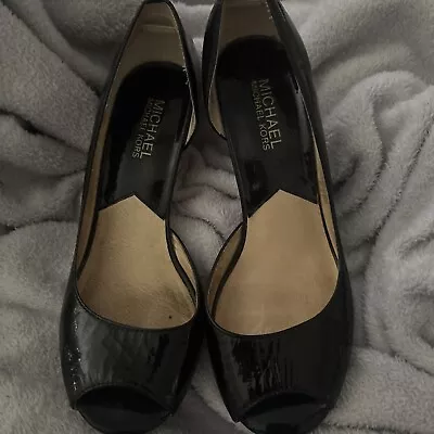 Michael Kors Black Leather Open Toe W/woven Straw Outsole Wedges Size 7 • $22.50