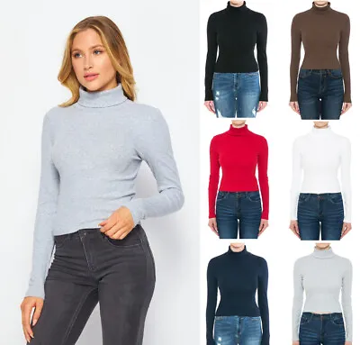 Turtleneck Long Sleeve Basic Knit Top Shirt Stretch Cotton Solid Ribbed T-Shirt • $7.49