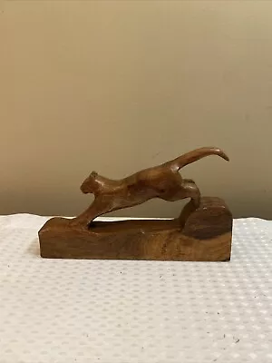 Vintage Carved Wood Panther Statue Figurine Carving Boho Bohemian Decor 70s • $12.99