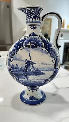 Delft De PORCELEYNE FLES Windmill Hand Painted Pilgrims Jug/Pitcher White & Blue • $125