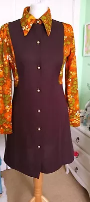 🧡🧡vintage 1970s Dress Size 1012 With Dagger Collar Flower Power 🤎🤎 • £15