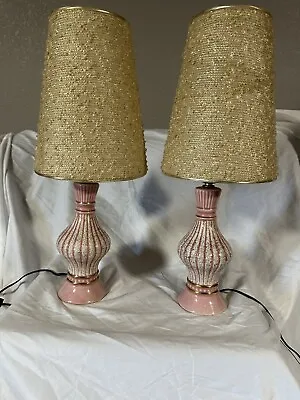 Pair Vintage Mcm Small Bedroom Boudoir Table Lamps Pink White Gold Specks • $119.99