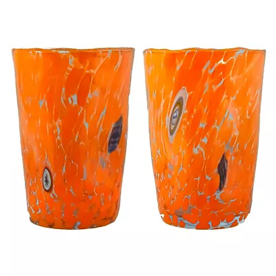 Pair Of Murano Glass Drinking Art Glasses Tumbler Orange Hand Made Millefiori • $60.99