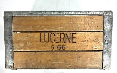 Vintage Wood Dairy Milk Crate Lucerne 5/66 Metal Banded Heavy Duty Bin Decor Box • $83.99