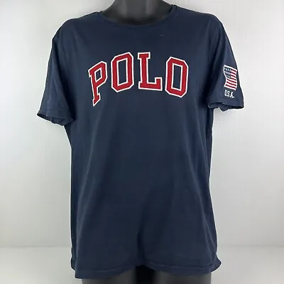 Polo Ralph Lauren Embroidered Logo Spellout T-Shirt Mens XL Navy Blue/Red 57/72 • $49.99
