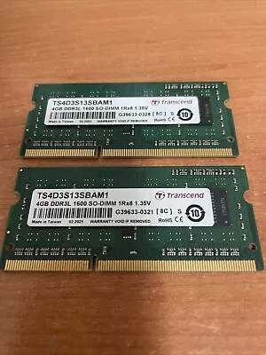 Transcend 8GB (2 X 4GB) DDR3L 1600 SO-DIMM Laptop RAM • $15