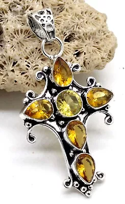 925 Sterling Silver Yellow Citrine Gemstone Handmade Jewelry Cross Pendant S-2 • $14.53