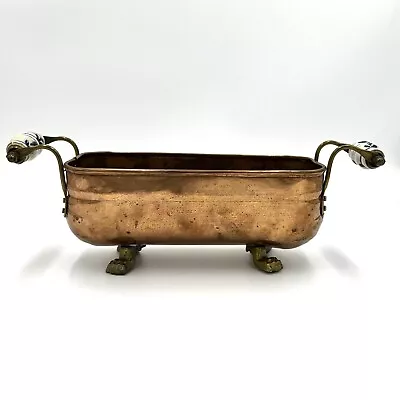Vintage Copper Tub Pot Planter With Blue & White Ceramic Handles Claw Feet • $55