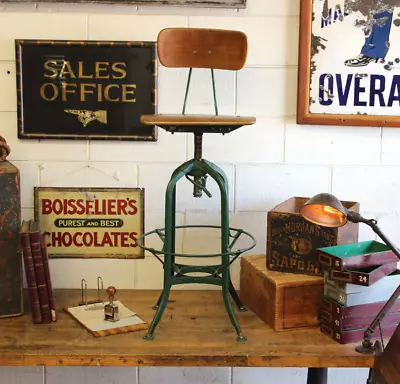 Early Vtg Industrial Uhl Toledo Steel Stool Drafting Chair Factory Green 1930s • $475