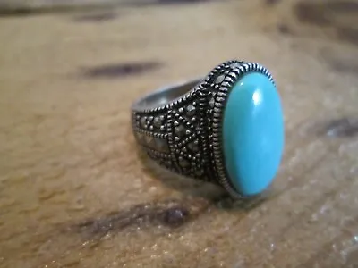 Vintage 925 Sterling Silver Ring Size 5.5 Turquoise And Marcasite • $25