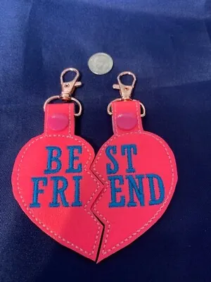 NEW 2 Part Set BEST FRIENDS Half Heart Neon Pink Swivel Clip Embroidered Fob • £9.65