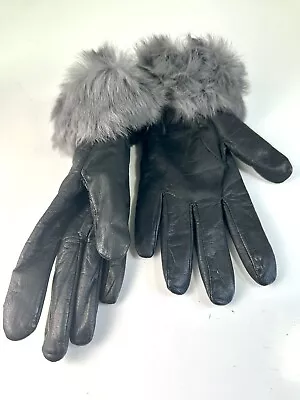 NEW The Limited Leather Rabbit Fur Trim Gloves Black & Grey Size M/L • $18.66