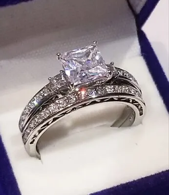 3 Ct Princess Cut Moissanite Engagement Bridal Set Ring 14K White Gold Plated • $176.29