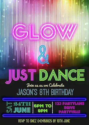 DIY Print Custom BOYS GIRLS NEON GLOW DANCE BIRTHDAY Party Invitations • £6.20