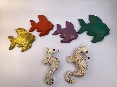 6 Vintage MCM Ceramic Set Of  Seahorses + Fish Wall Plaque Home Decor (K3) • $88.88